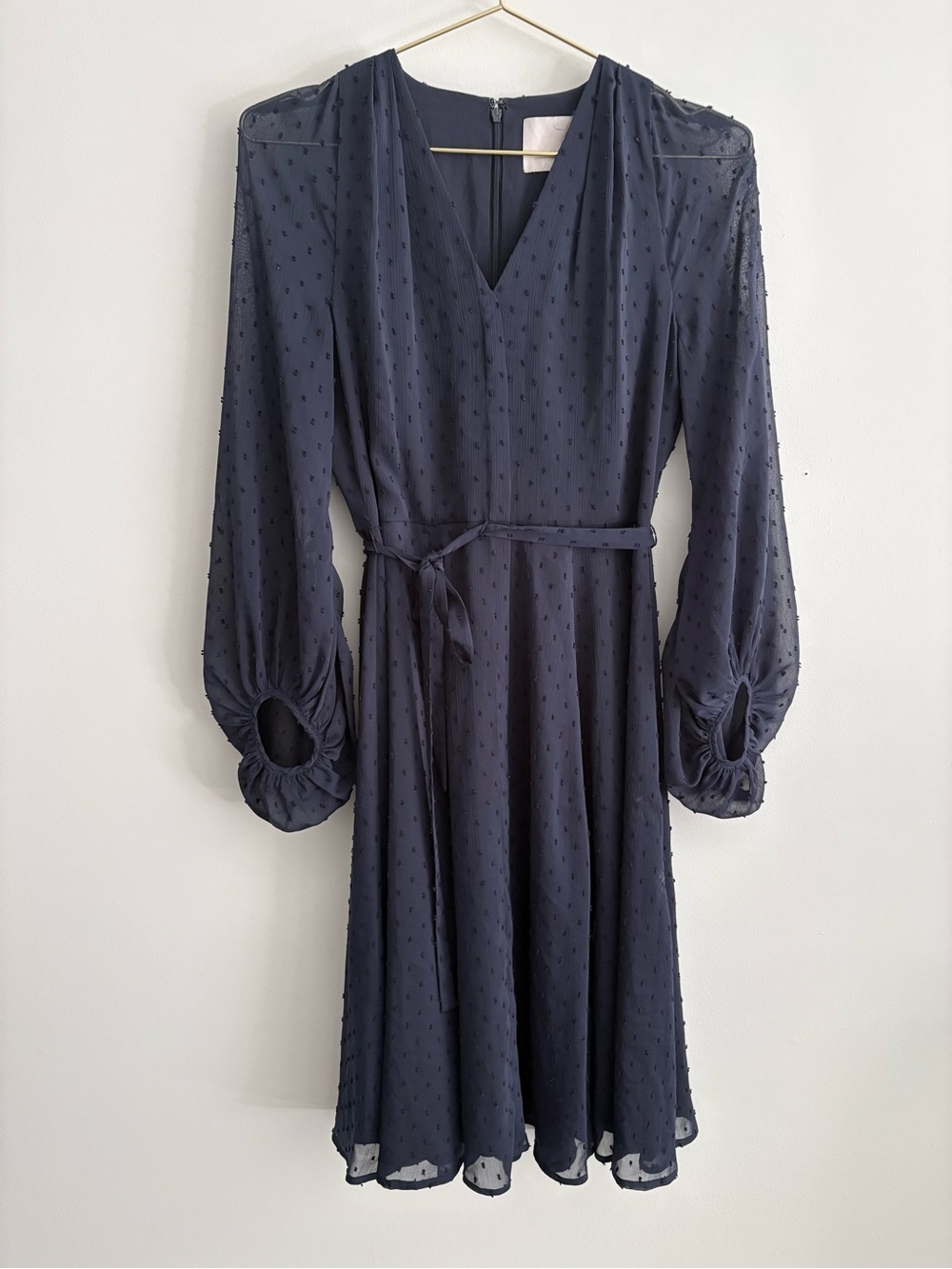 Gal Meets Glam Swiss Dot Midi Dress in Navy Feminine Tie Waist Party Size 0